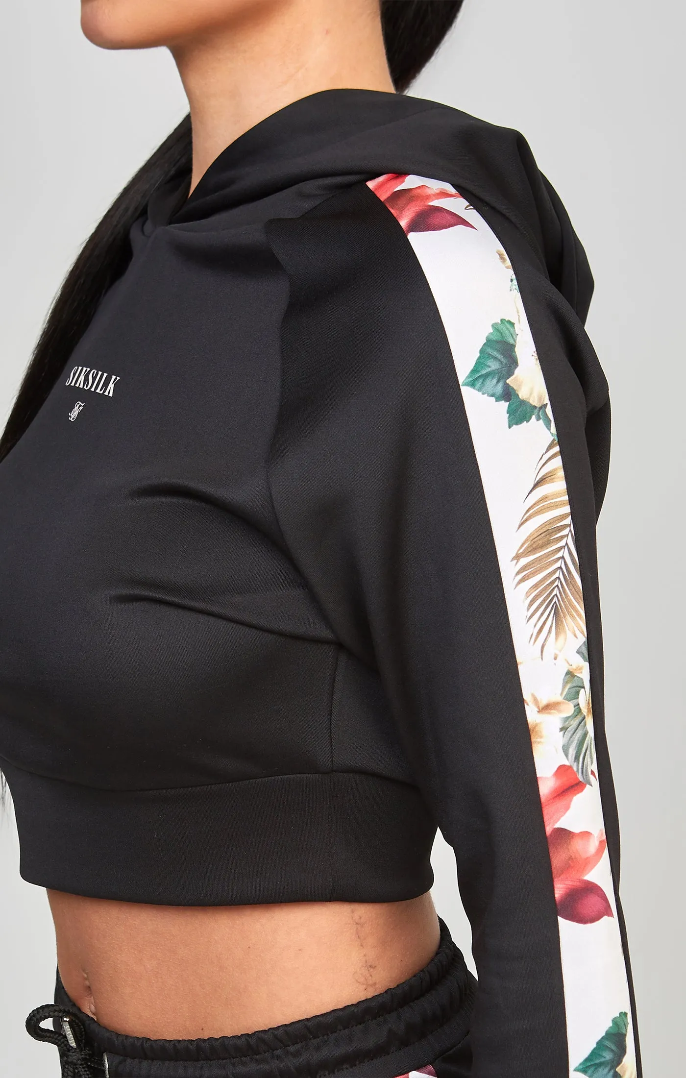Black Floral Panelled Crop Hoodie sold by Siksilk product image thumbnail 2