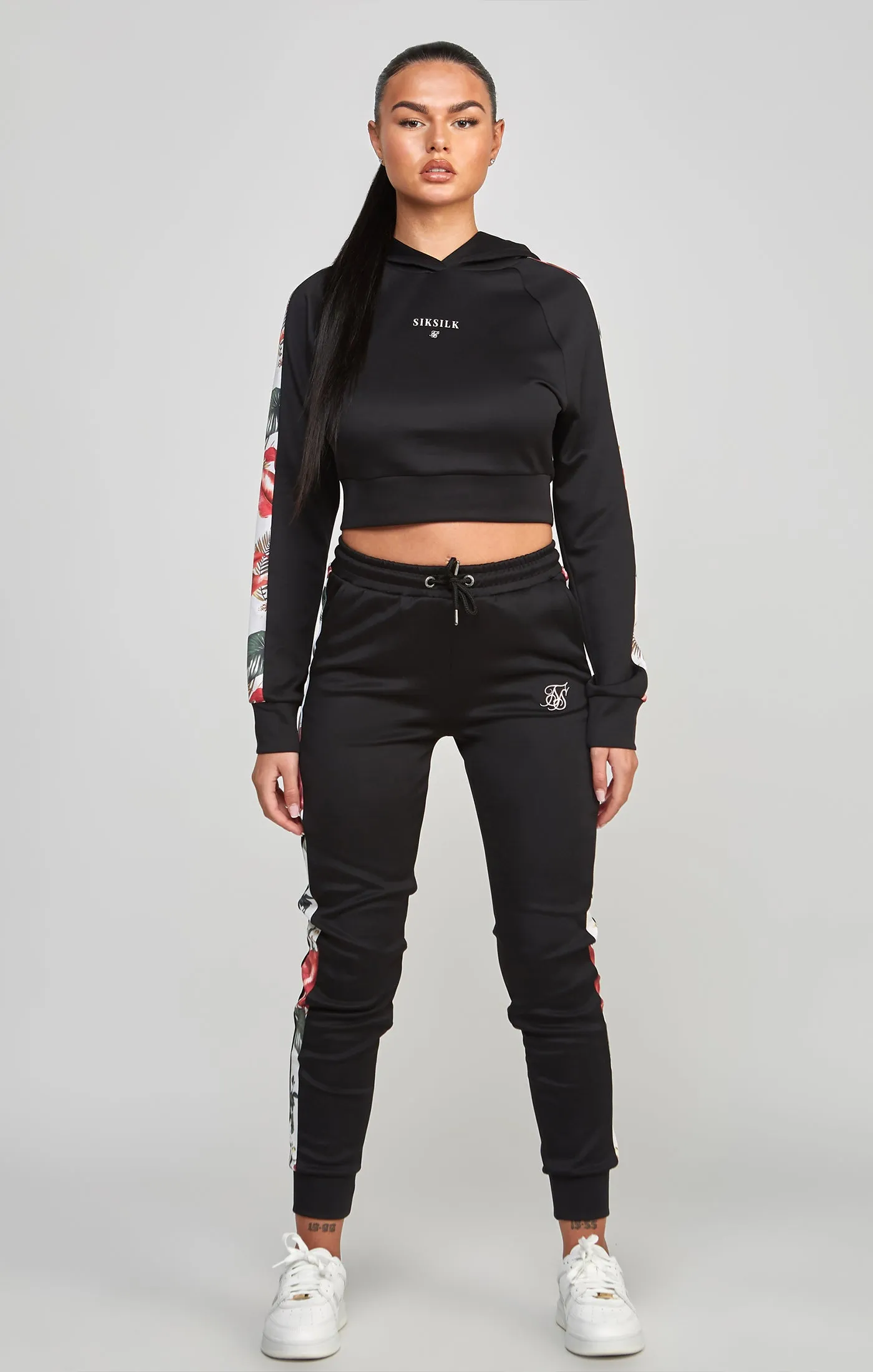 Black Floral Panelled Crop Hoodie sold by Siksilk product image thumbnail 3
