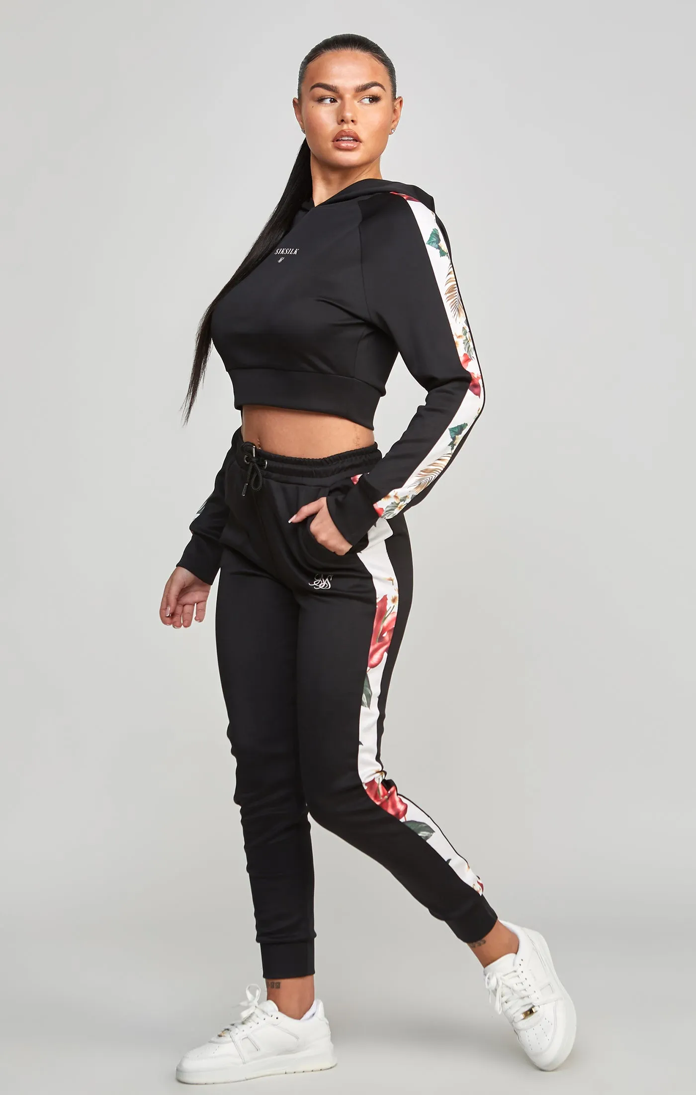 Black Floral Panelled Crop Hoodie sold by Siksilk product image thumbnail 4