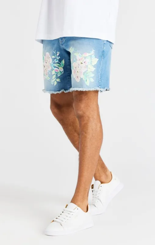 SikSilk Raw Floral Denim Shorts - Light Midstone Blue sold by Siksilk