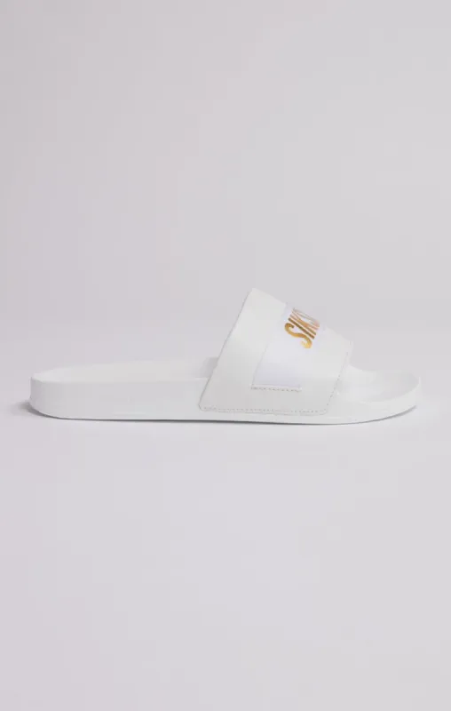 White Pool Slide With Gold Logo Strap sold by Siksilk