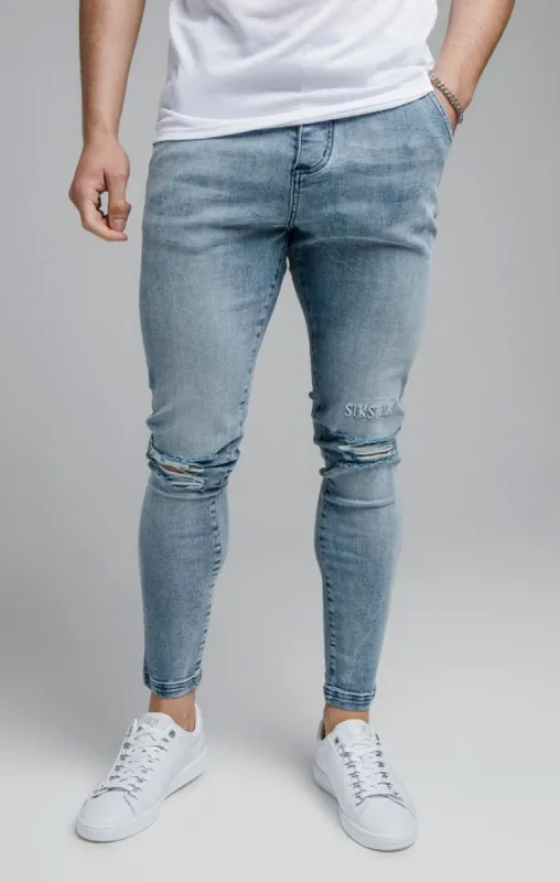 SikSilk Raw Hem Burst Knee Denims - Blue Wash sold by Siksilk