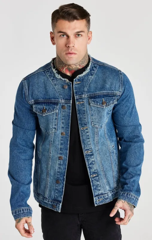 Blue Deluxe Collarless Denim Jacket sold by Siksilk