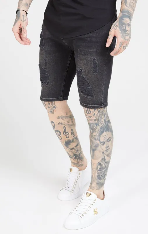 Black Skinny Distressed Denim Short sold by Siksilk