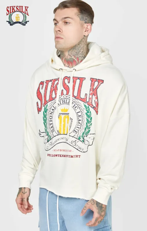 Ecru Varsity Anniversary Print Oversized Hoodie sold by Siksilk