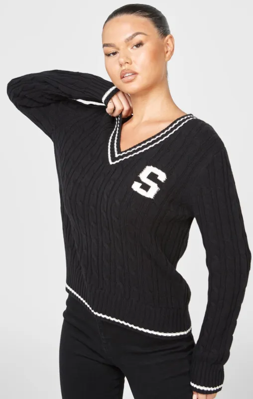 Black Varsity Cable Knit Sweater sold by Siksilk