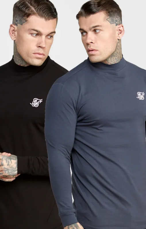 Black Twin Pack Long Sleeve High Neck Muscle Fit T-Shirt sold by Siksilk