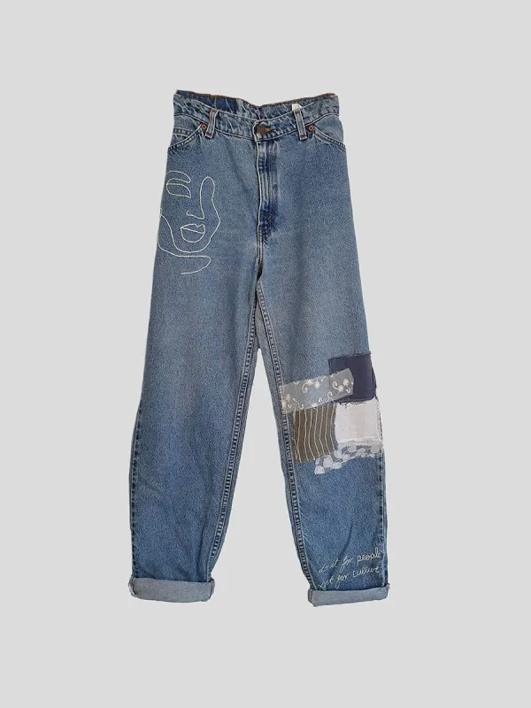 High Waisted Upcycled Embroidered & Patched Jeans sold by Earthkind