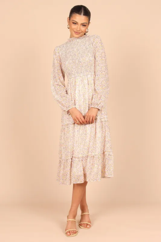 Edwina Shirred Frill Long Sleeve Midi Dress - Rose Floral sold by Petal & Pup