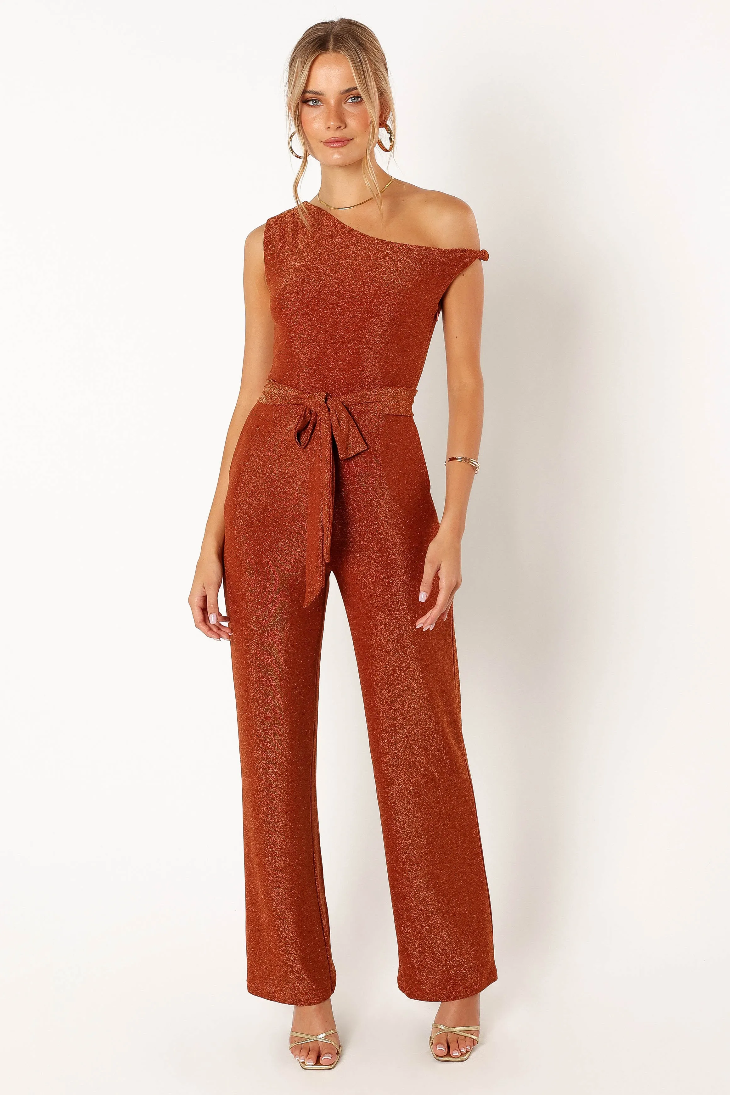 Katarina Off Shoulder Jumpsuit - Bronze sold by Petal & Pup