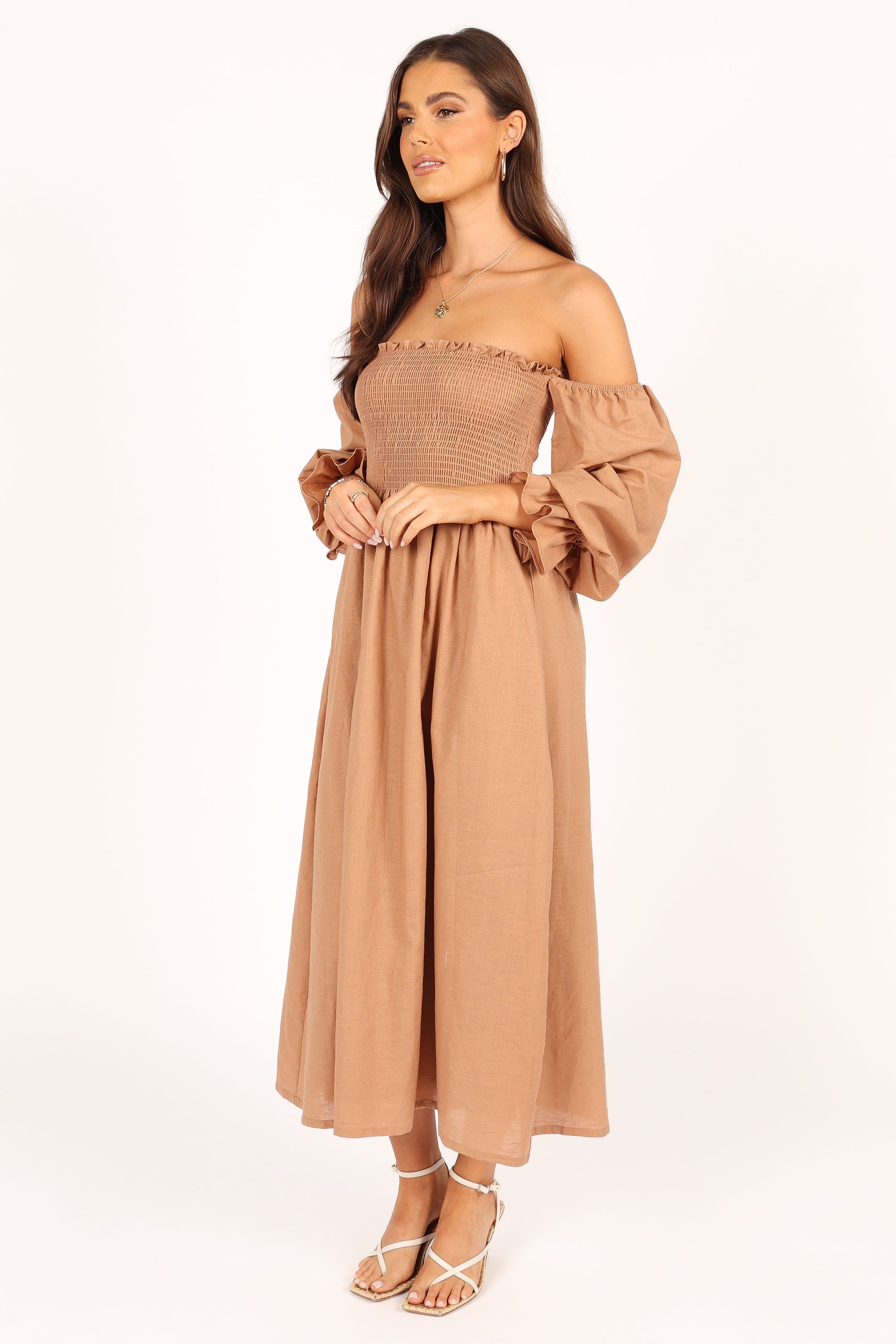 Domenica Shirred Long Sleeve Midi Dress - Tan sold by Petal & Pup product image thumbnail 4