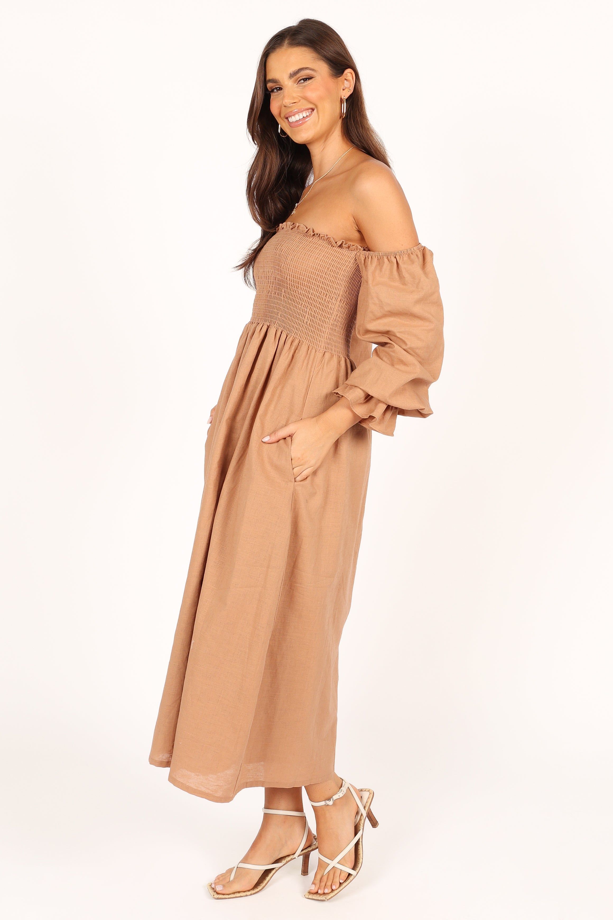 Domenica Shirred Long Sleeve Midi Dress - Tan sold by Petal & Pup product image thumbnail 5