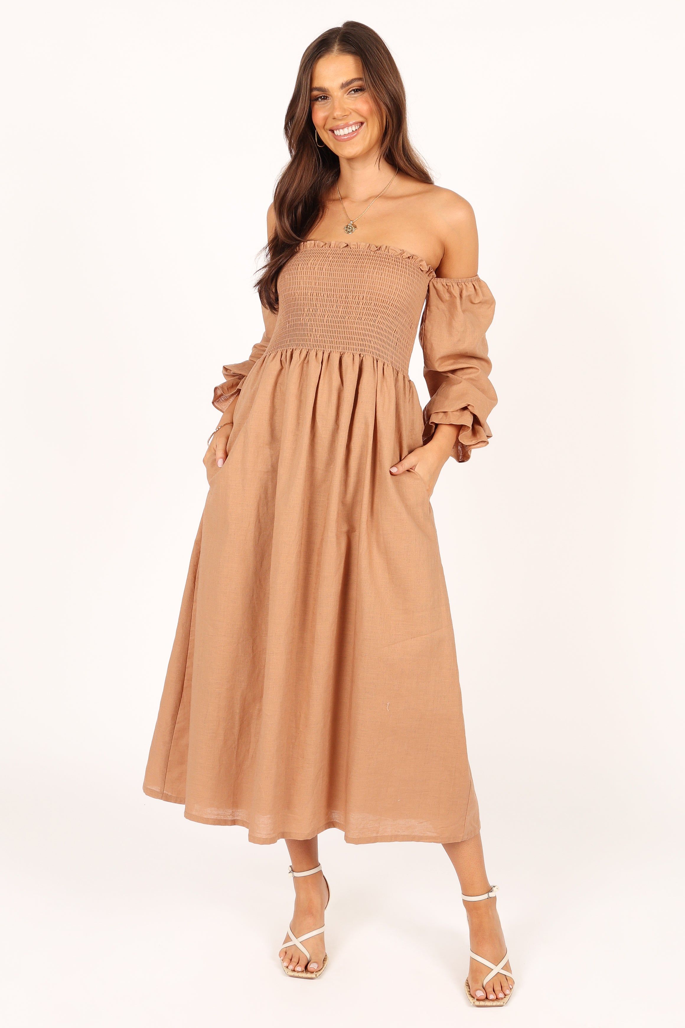 Domenica Shirred Long Sleeve Midi Dress - Tan sold by Petal & Pup product image thumbnail 3