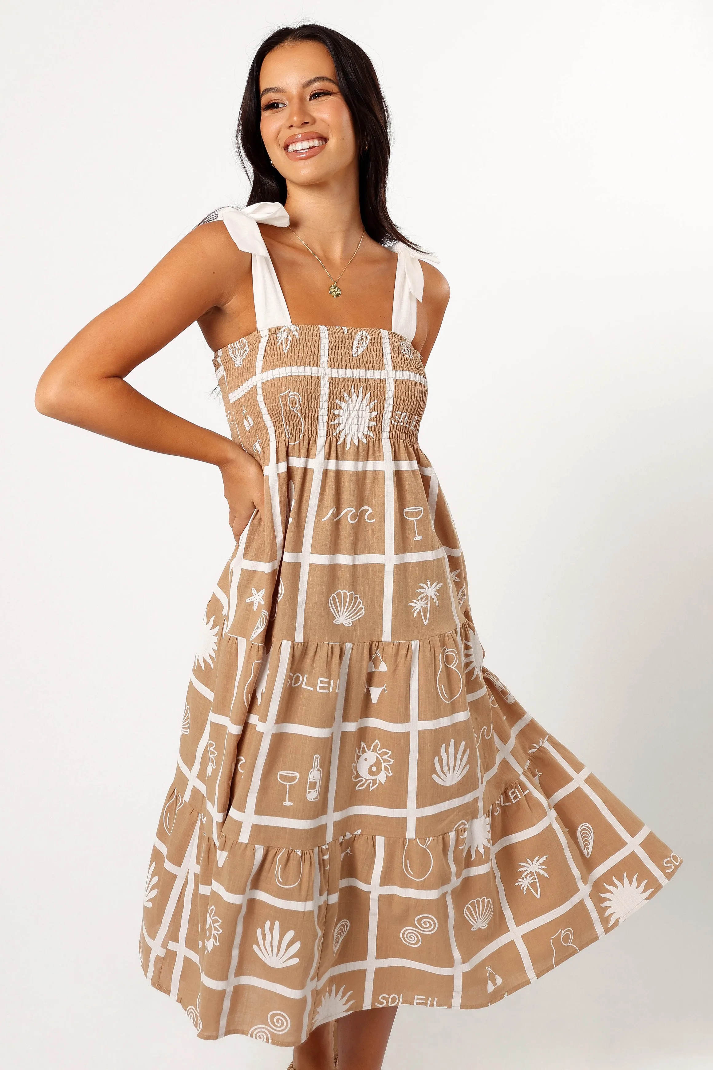 Sarelle Midi Dress - Tan Soleil Print sold by Petal & Pup product image thumbnail 3