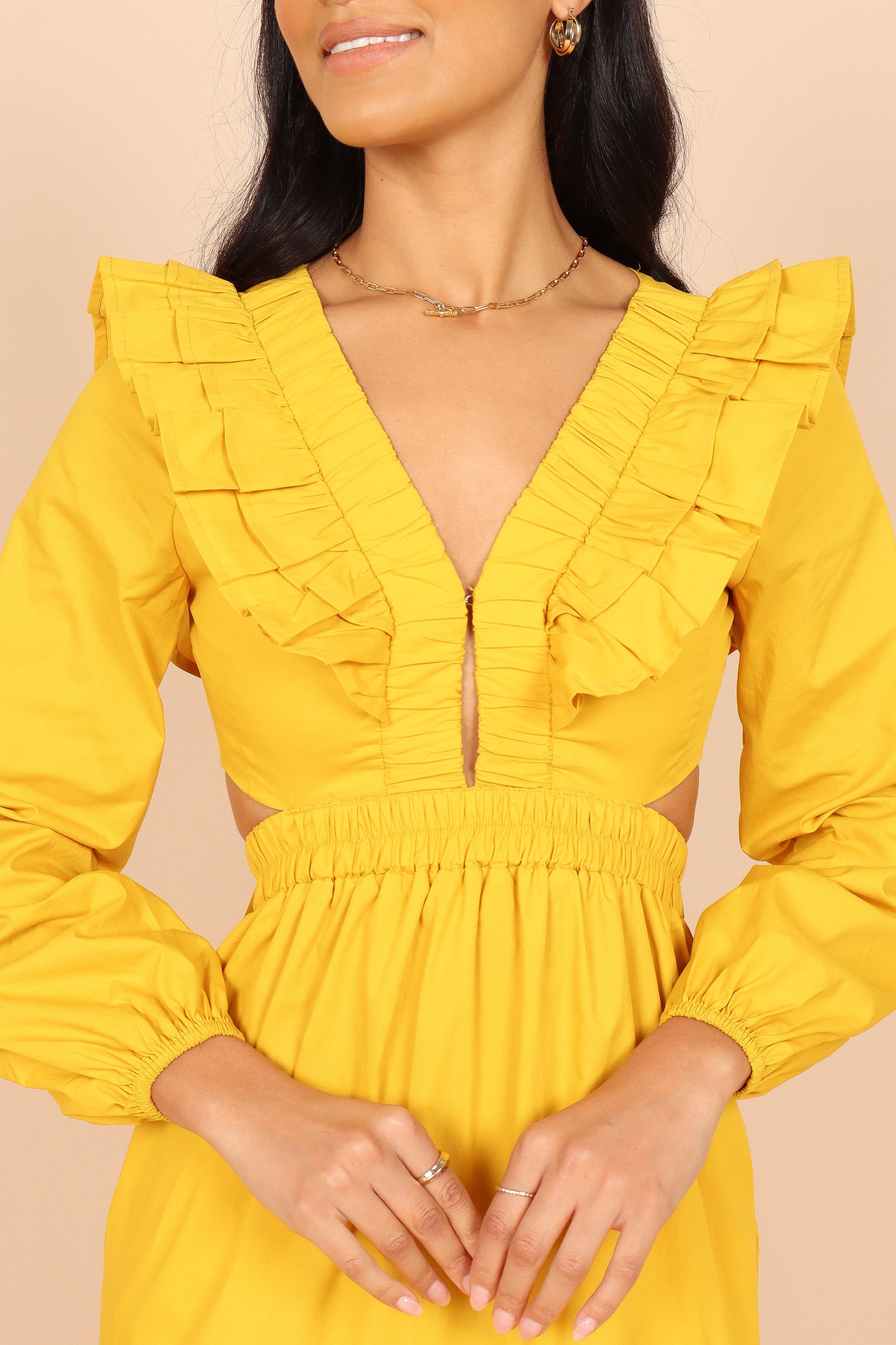 Mariga Long Sleeve Frill Shoulder Midi Dress - Marigold sold by Petal & Pup product image thumbnail 3