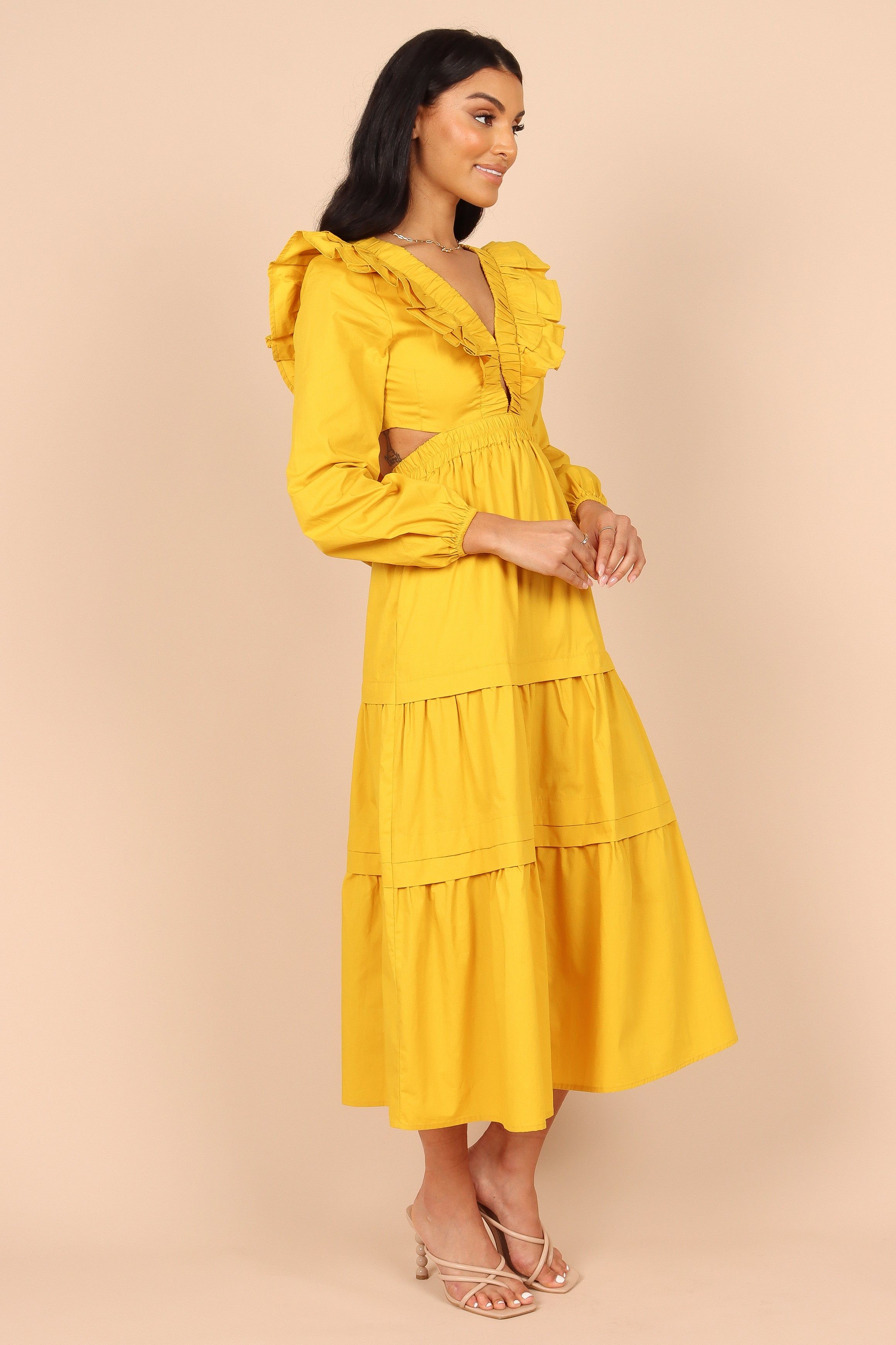 Mariga Long Sleeve Frill Shoulder Midi Dress - Marigold sold by Petal & Pup product image thumbnail 4
