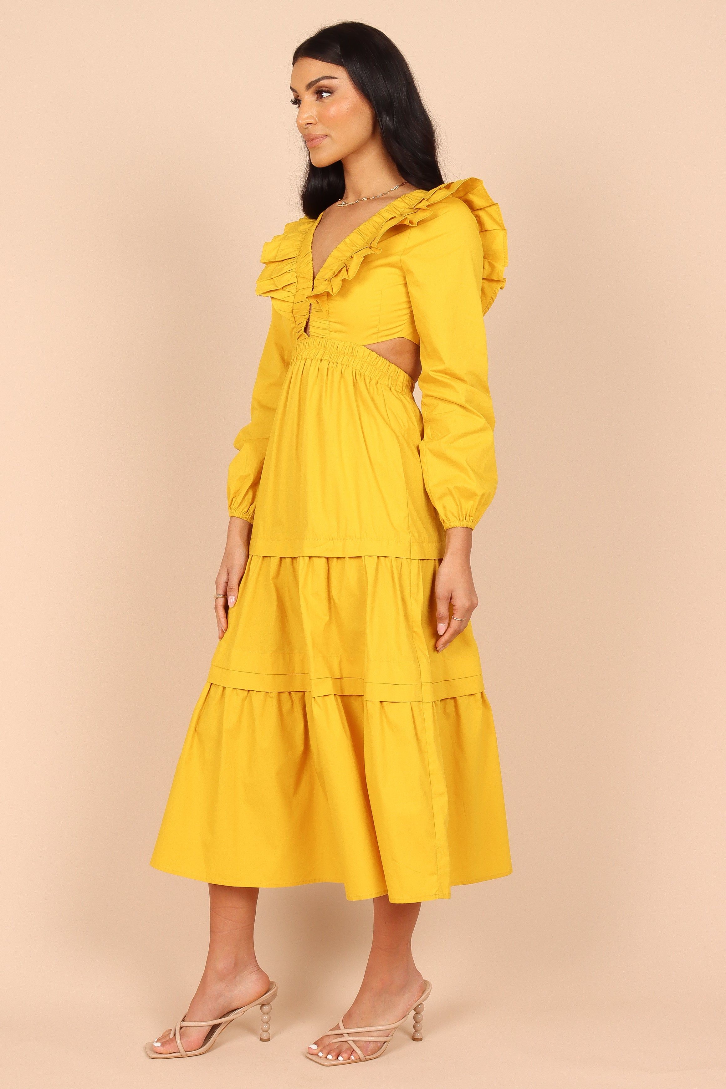 Mariga Long Sleeve Frill Shoulder Midi Dress - Marigold sold by Petal & Pup product image thumbnail 5