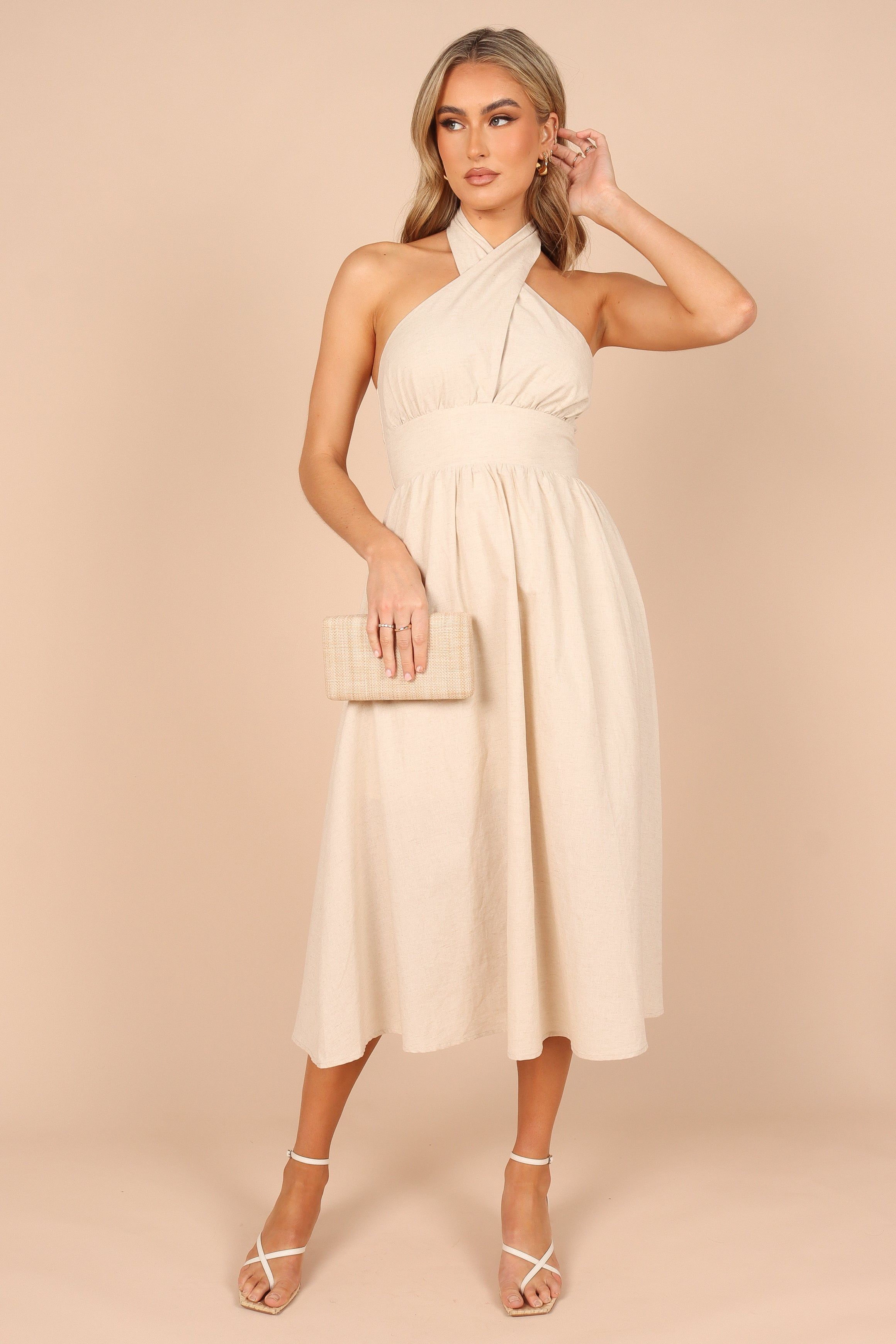Cora Criss-Cross Neck Linen Maxi Dress - Oatmeal sold by Petal & Pup