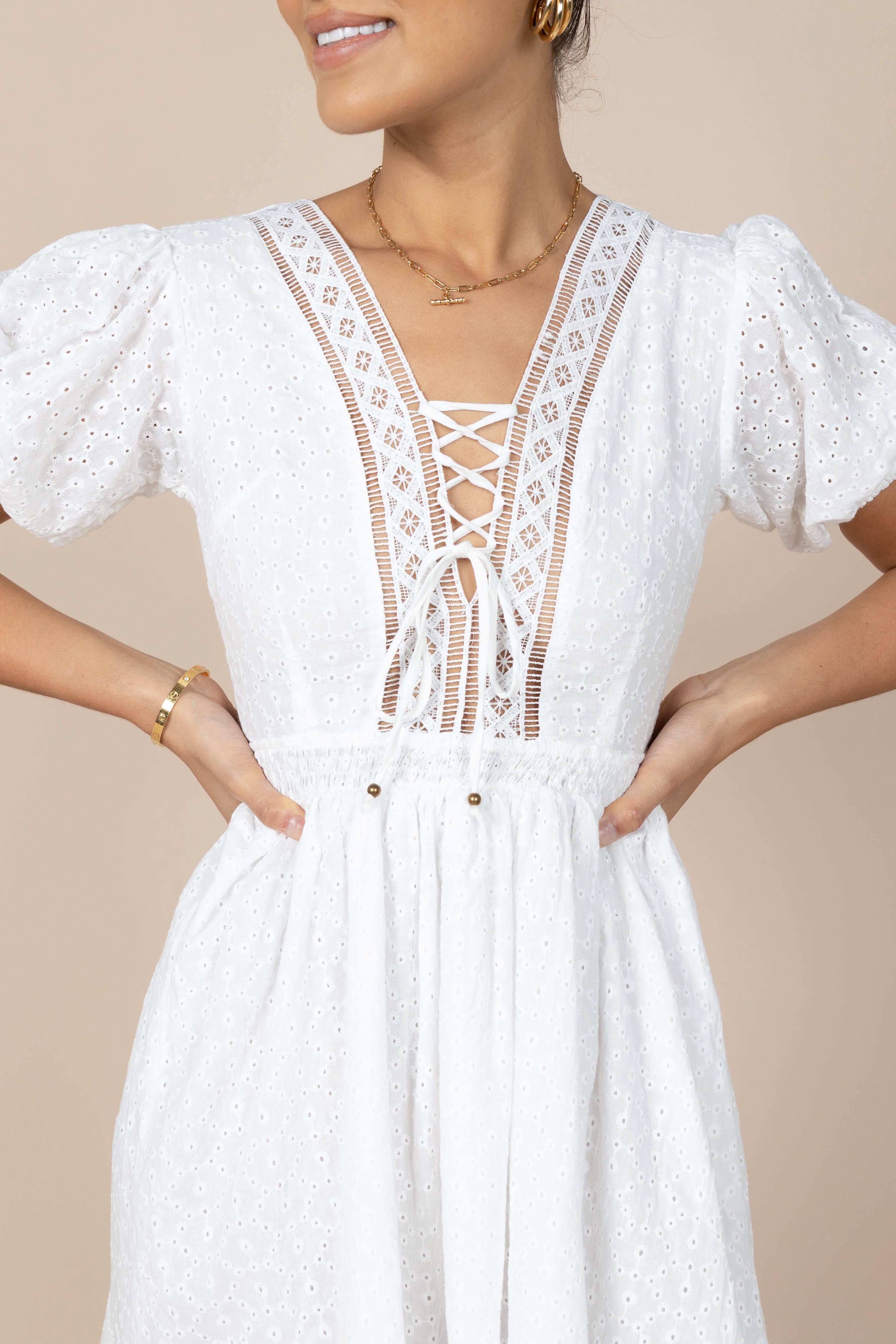 Mayde Tie Up Front Mini Dress - White sold by Petal & Pup product image thumbnail 4