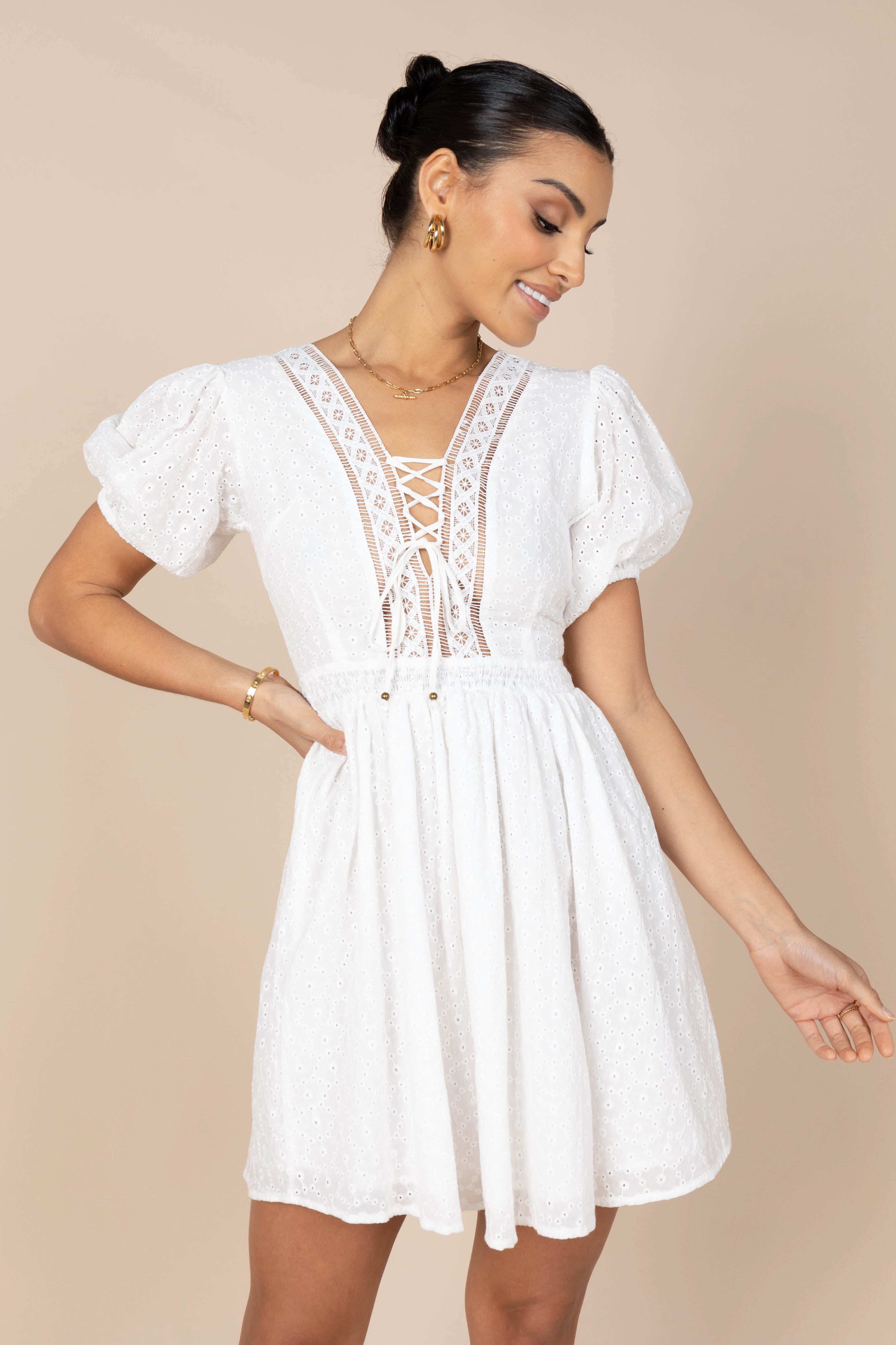 Mayde Tie Up Front Mini Dress - White sold by Petal & Pup