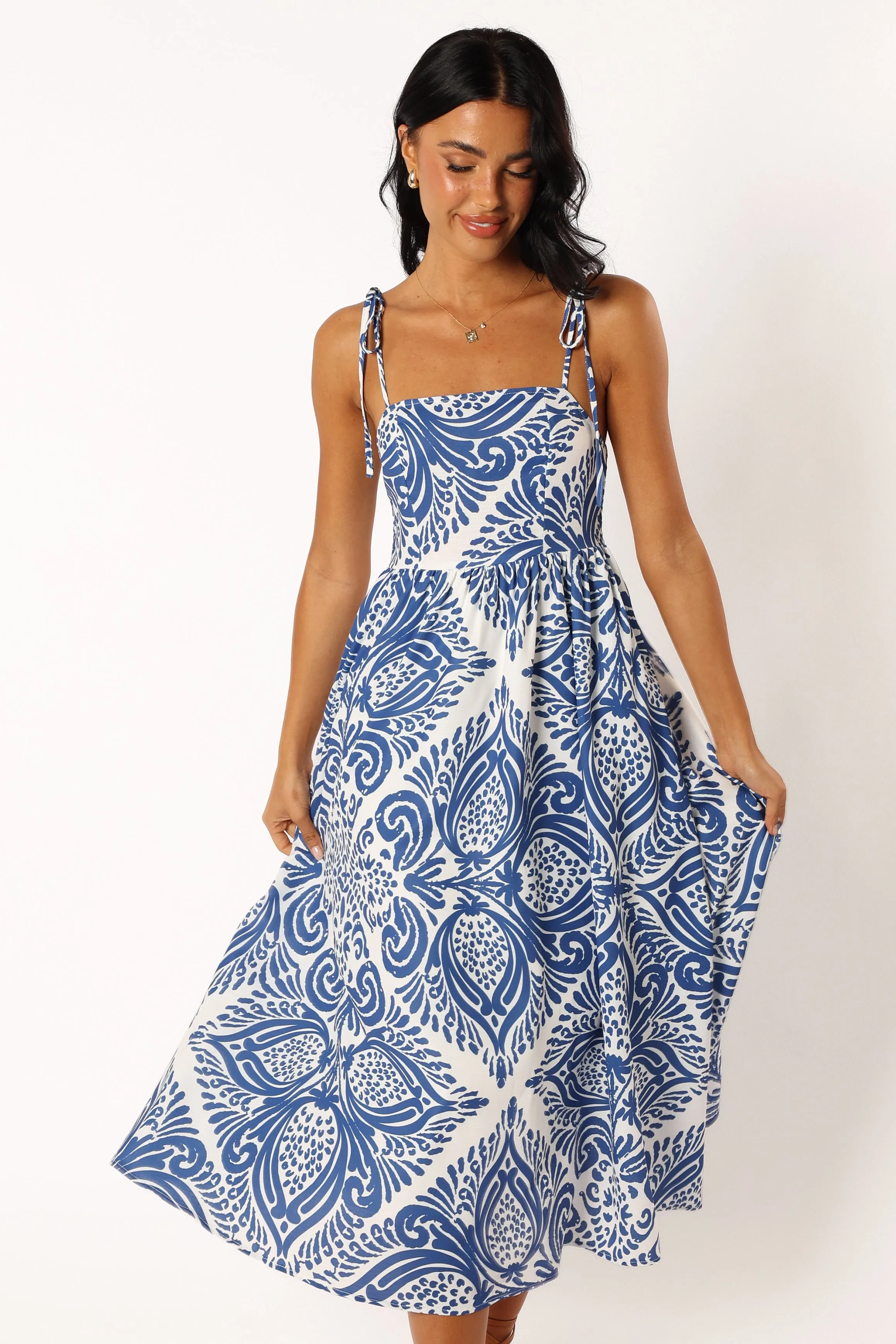 Stazie Midi Dress - Blue White Print sold by Petal & Pup