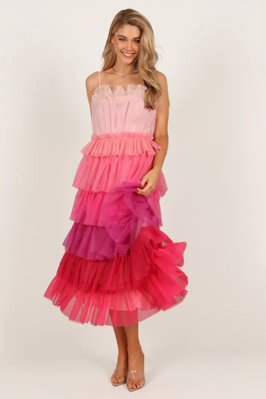 Minnie Tiered Tulle Midi Dress - Pink sold by Petal & Pup