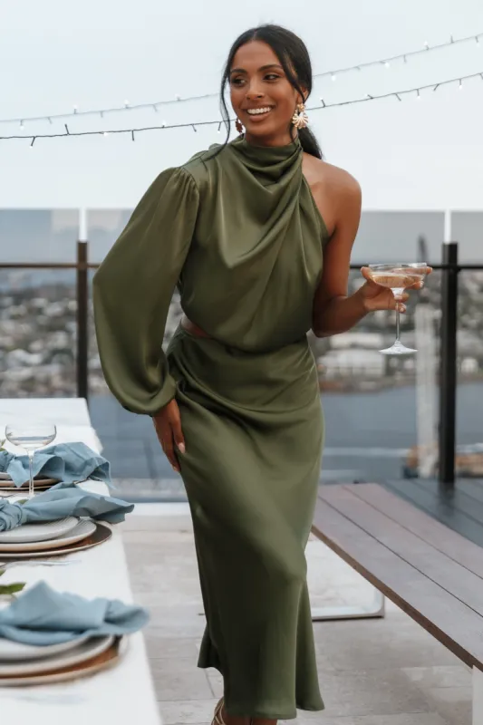 Amelie One Shoulder Midi Dress - Olive sold by Petal & Pup