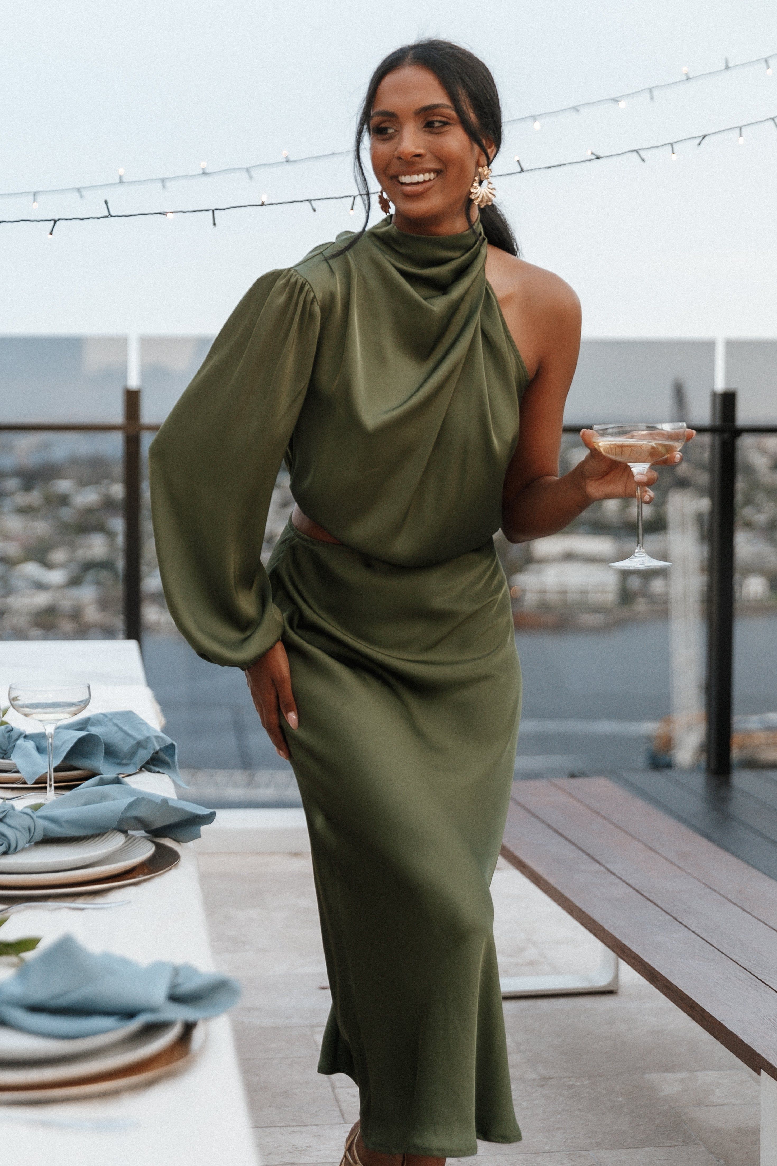 Amelie One Shoulder Maxi Dress - Olive sold by Petal & Pup
