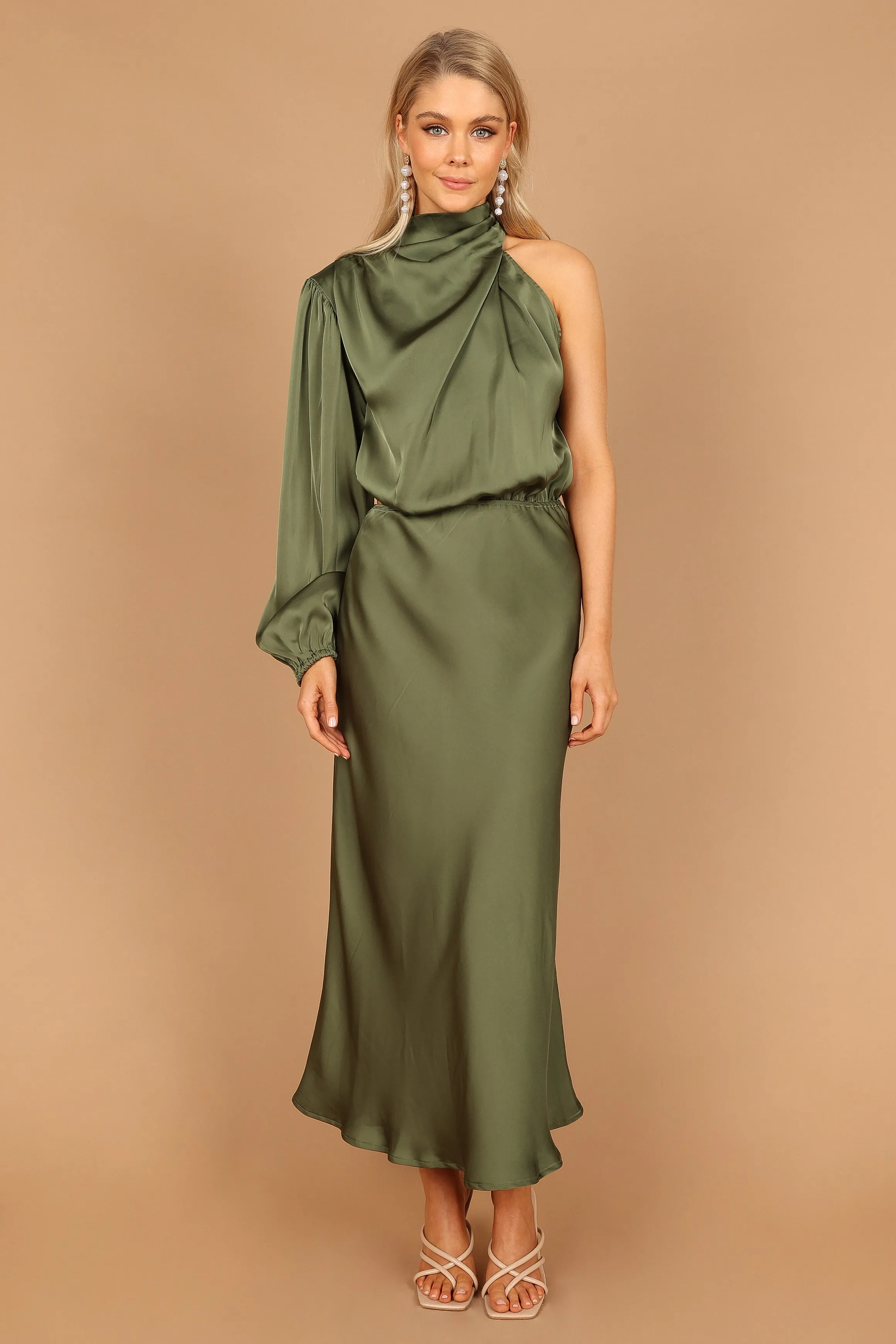 Amelie One Shoulder Midi Dress - Olive sold by Petal & Pup product image thumbnail 4