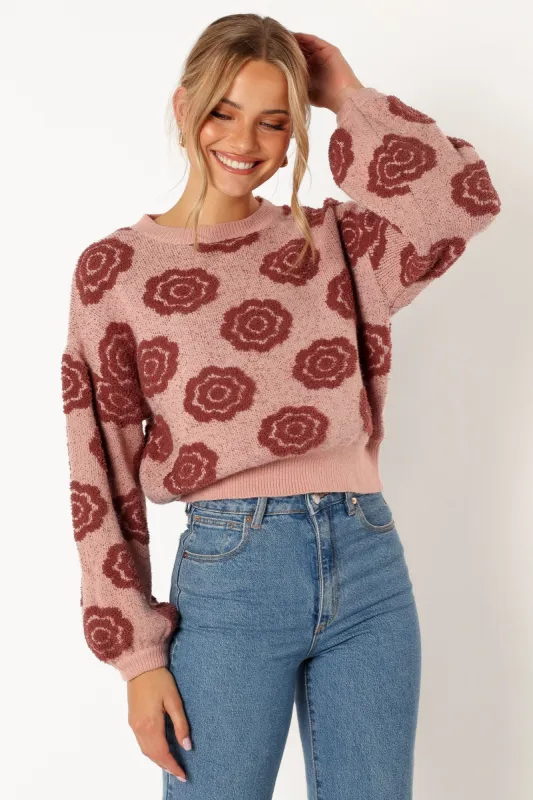 Amara Crewneck Rose Detail Knit Sweater - Mauve sold by Petal & Pup