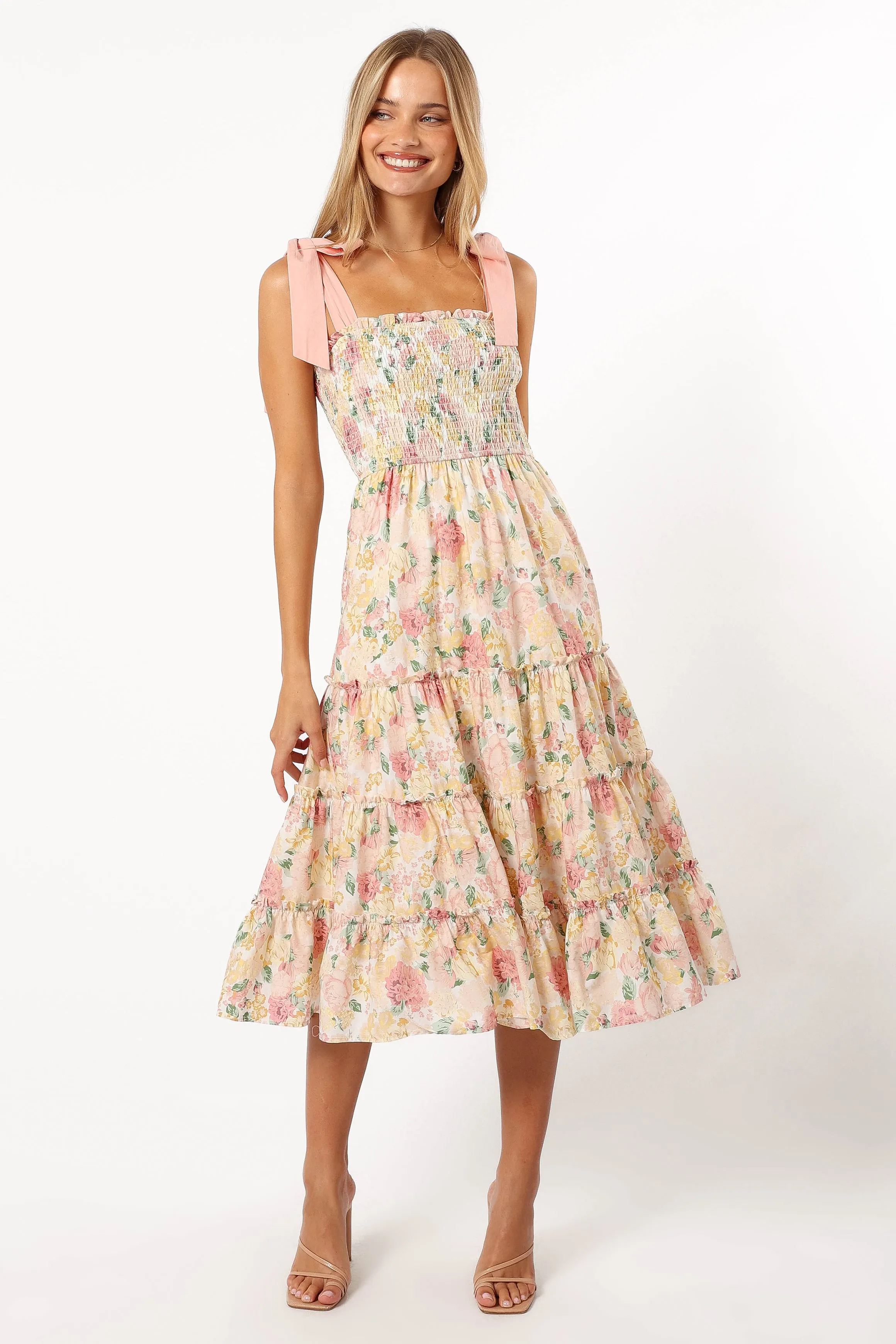 Bella Floral Ruffle Midi Dress - Pink/Yellow sold by Petal & Pup