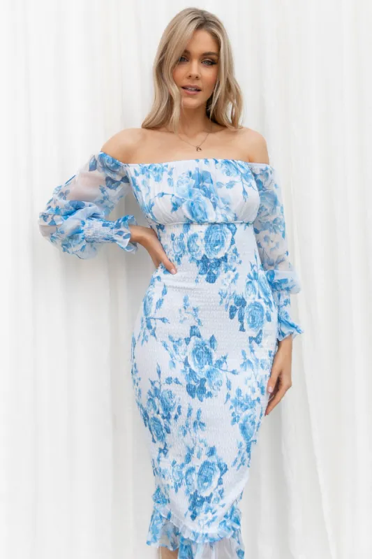 Affie Off Shoulder Midi Dress - Blue Floral sold by Petal & Pup
