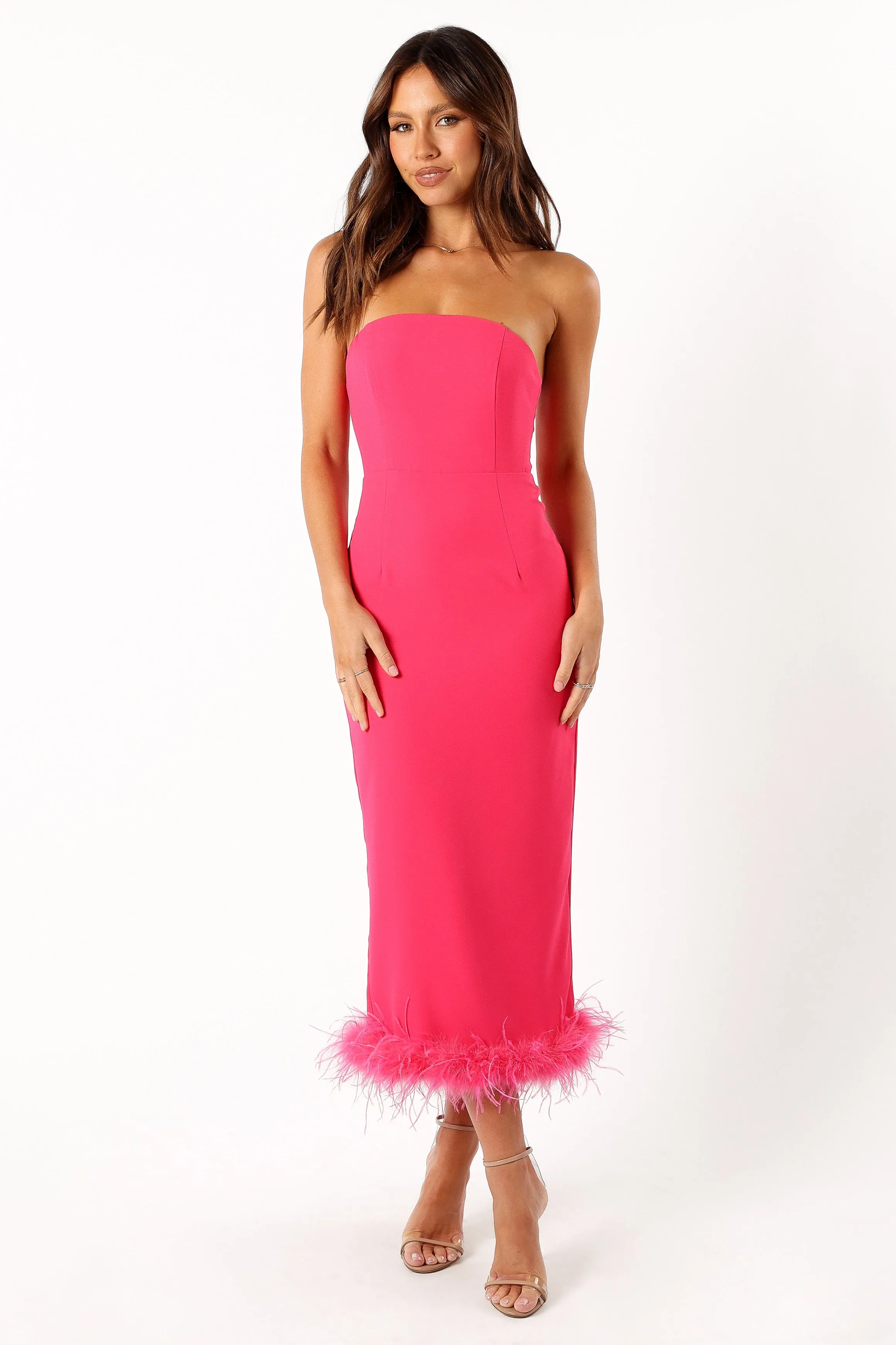 Darbie Strapless Feather Midi Dress - Berry sold by Petal & Pup