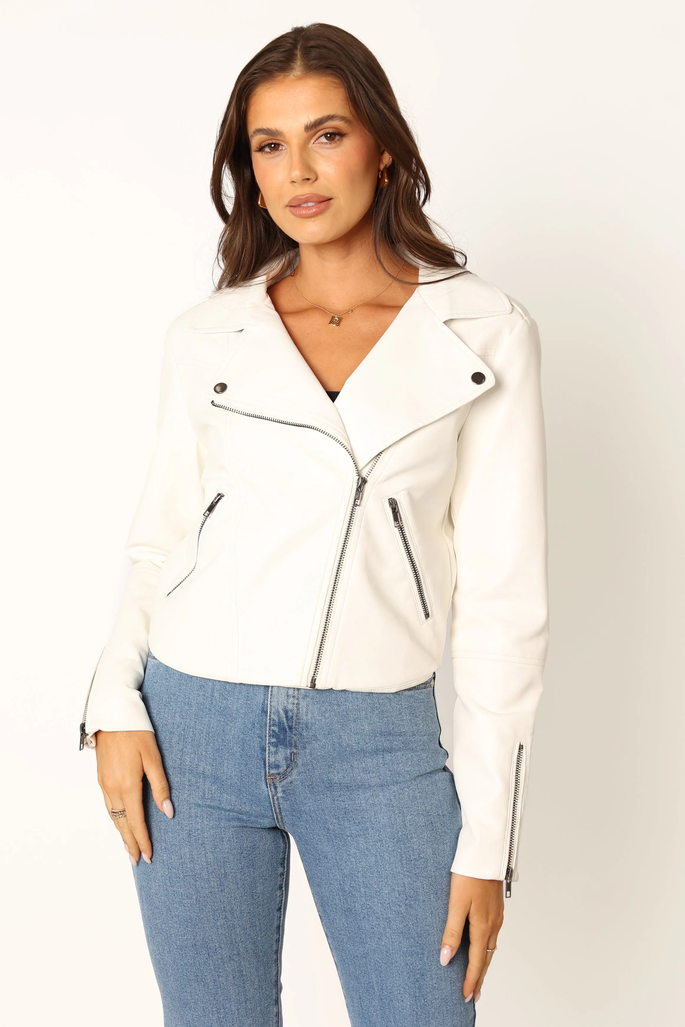Salem Faux Leather Moto Jacket - White sold by Petal & Pup product image thumbnail 5