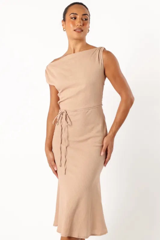 Calista One Shoulder Midi Dress - Sand sold by Petal & Pup