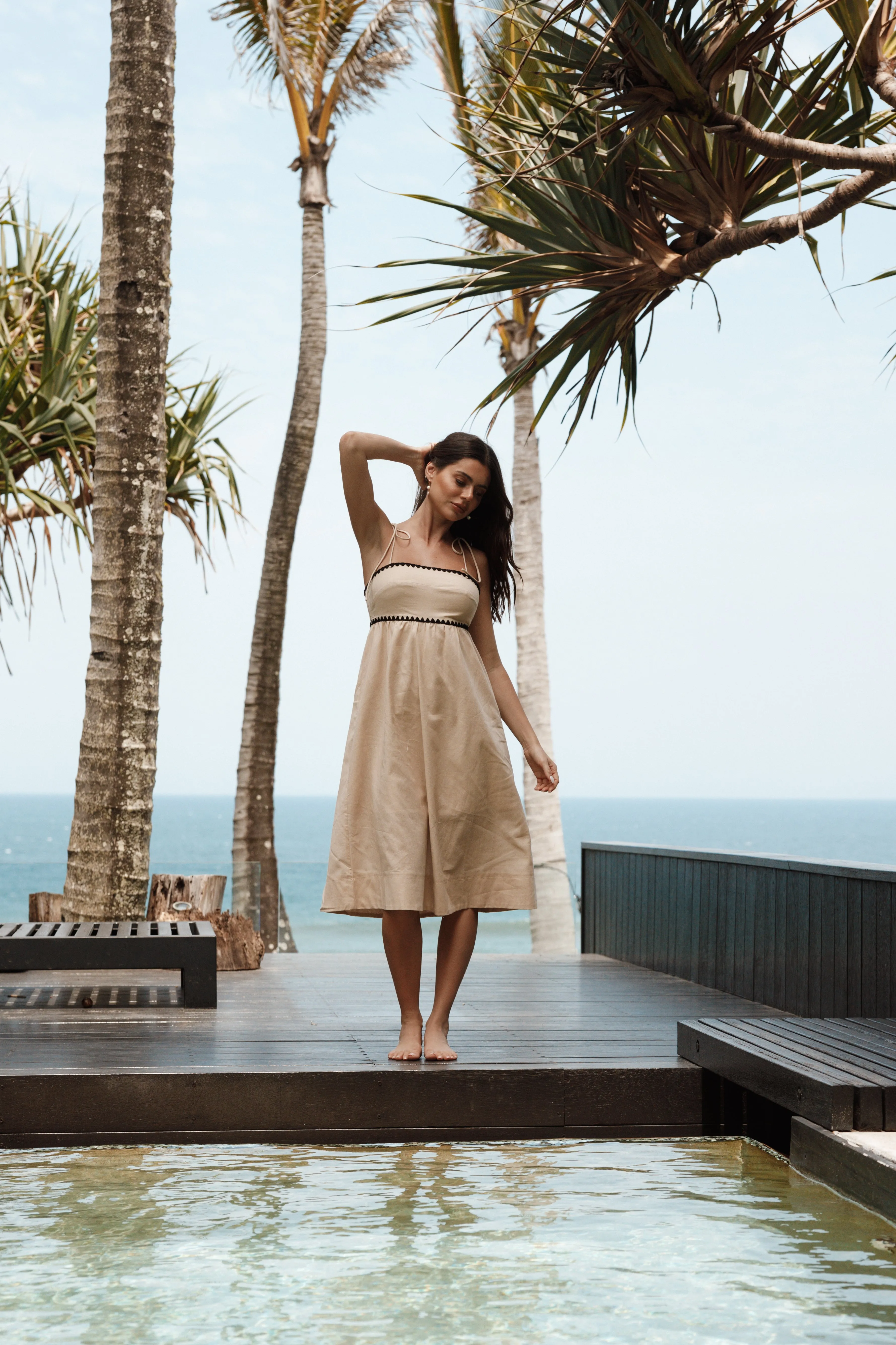 Lino Contrast Trim Midi Dress - Cream Black sold by Petal & Pup