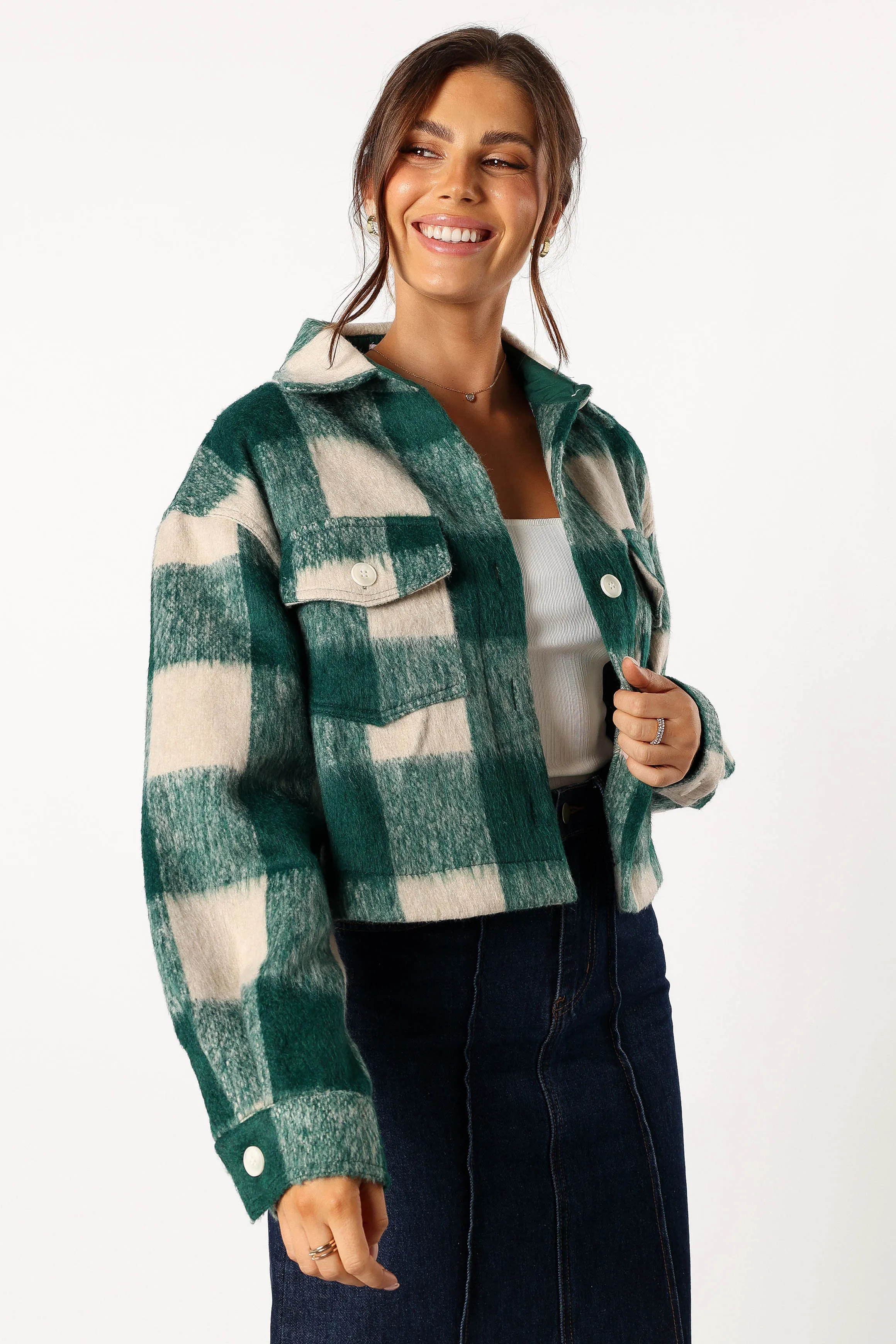 Yara Plaid Sherpa Jacket - Hunter Green sold by Petal & Pup product image thumbnail 5