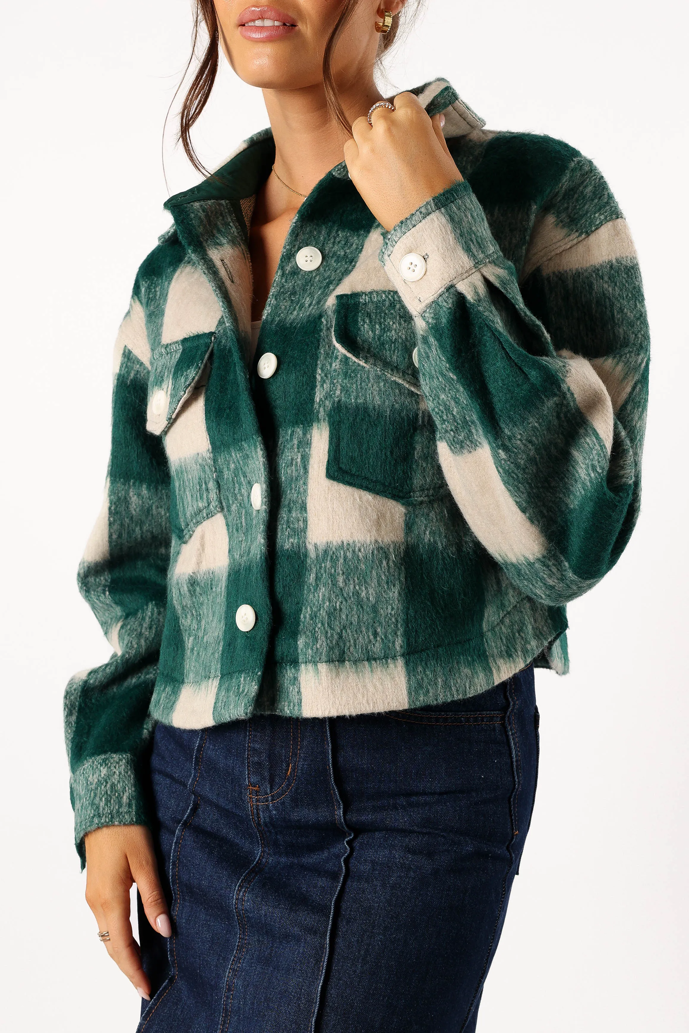 Yara Plaid Sherpa Jacket - Hunter Green sold by Petal & Pup product image thumbnail 2