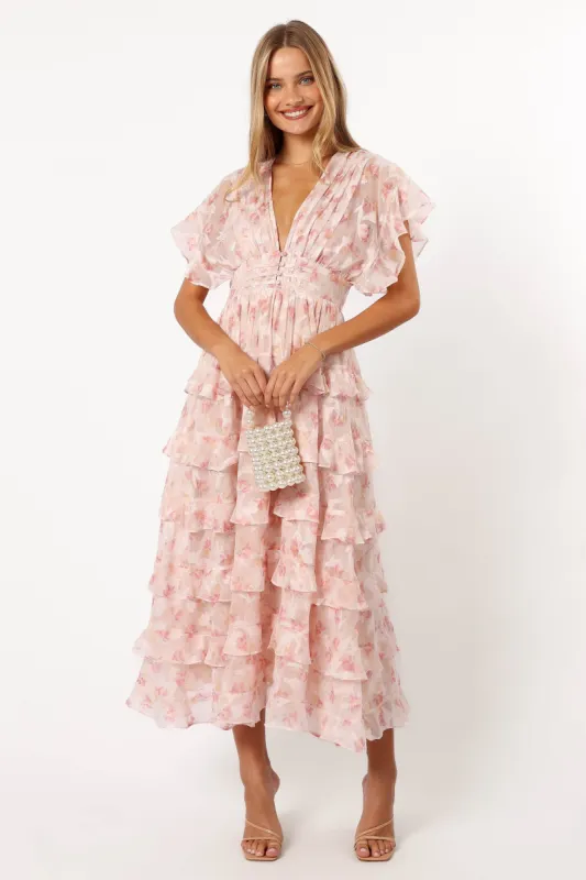 Daphne Ruffle Midi Dress - Pink Orange sold by Petal & Pup