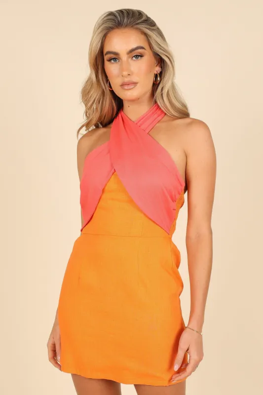 Jaded Halter Neck Mini Dress - Pink/orange sold by Petal & Pup