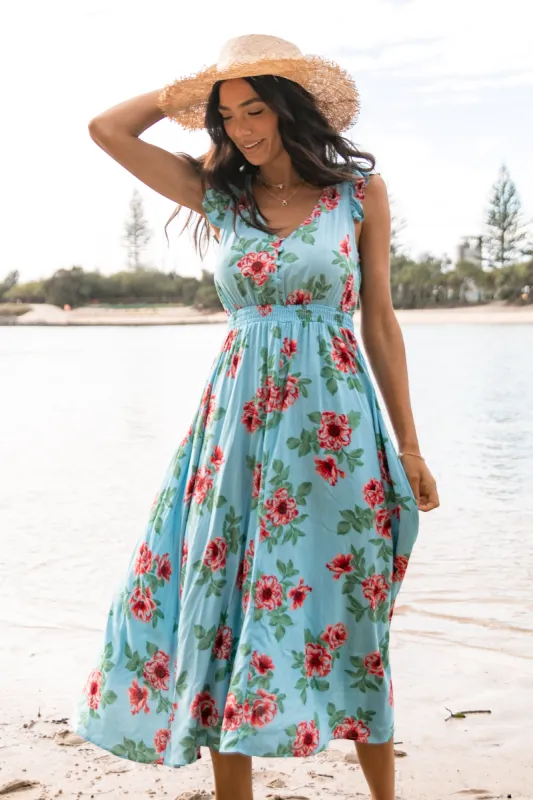 Cassatt Frill Cap Sleeve Maxi Dress - Blue Floral sold by Petal & Pup