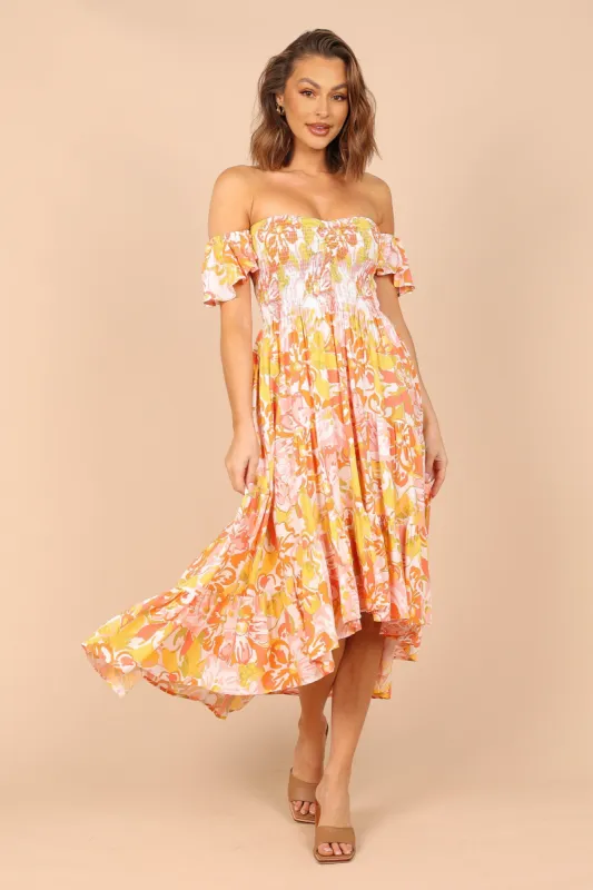 Feliz Off Shoulder Maxi Dress - Coral Floral sold by Petal & Pup