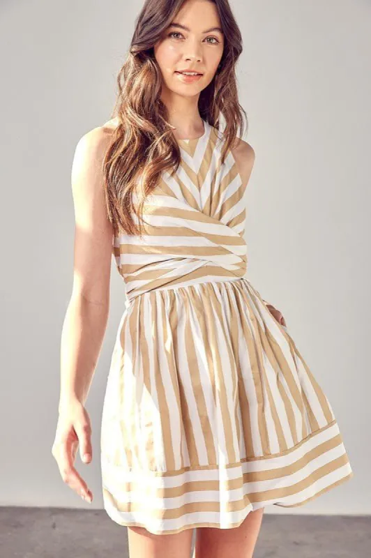 Delilah Stripe Mini Dress - Taupe sold by Petal & Pup