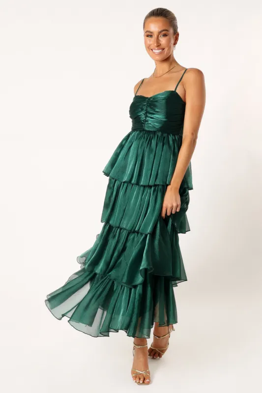 Jace Tiered Maxi Dress - Shimmer Emerald sold by Petal & Pup