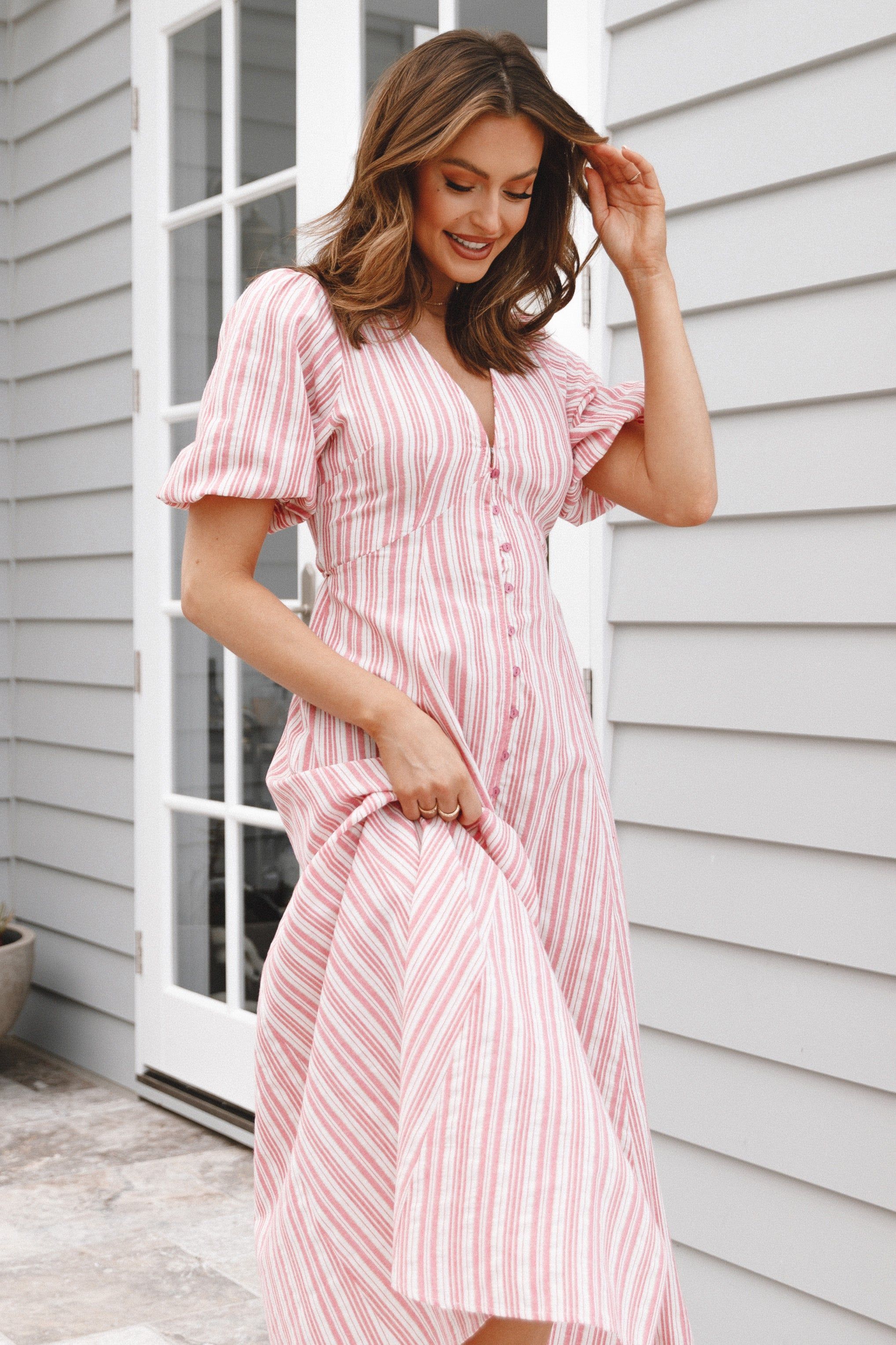 Prairie Midi Dress - Pink Stripe sold by Petal & Pup