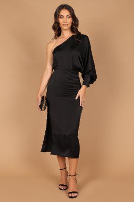 Regale One Shoulder Drape Midi Dress - Black sold by Petal & Pup
