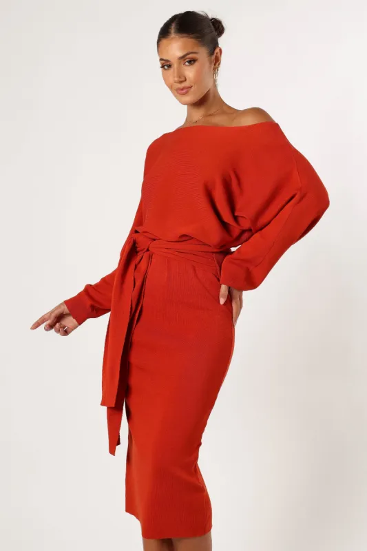 Prancer Off Shoulder Midi Dress - Red sold by Petal & Pup