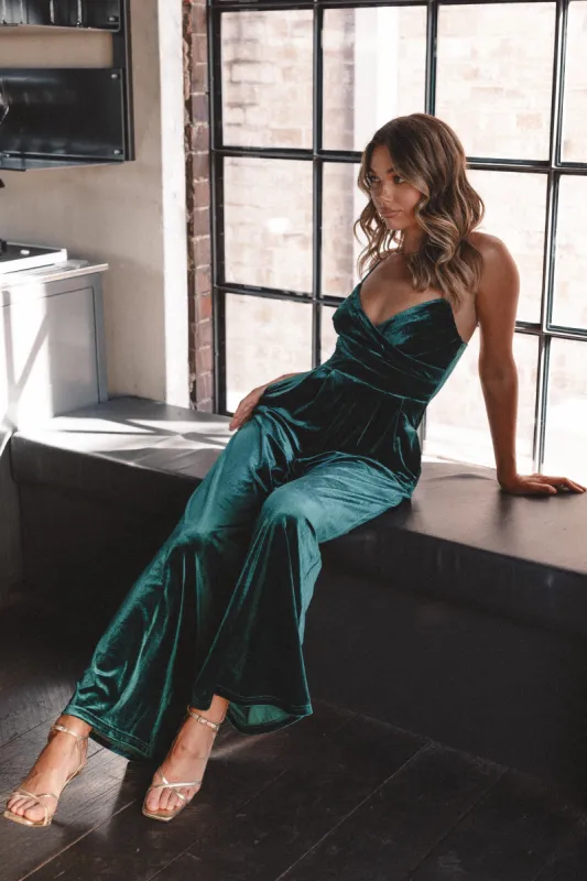 Quinnie Velvet Jumpsuit - Emerald sold by Petal & Pup