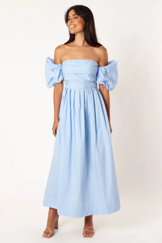 Solana Off Shoulder Midi Dress - Blue sold by Petal & Pup