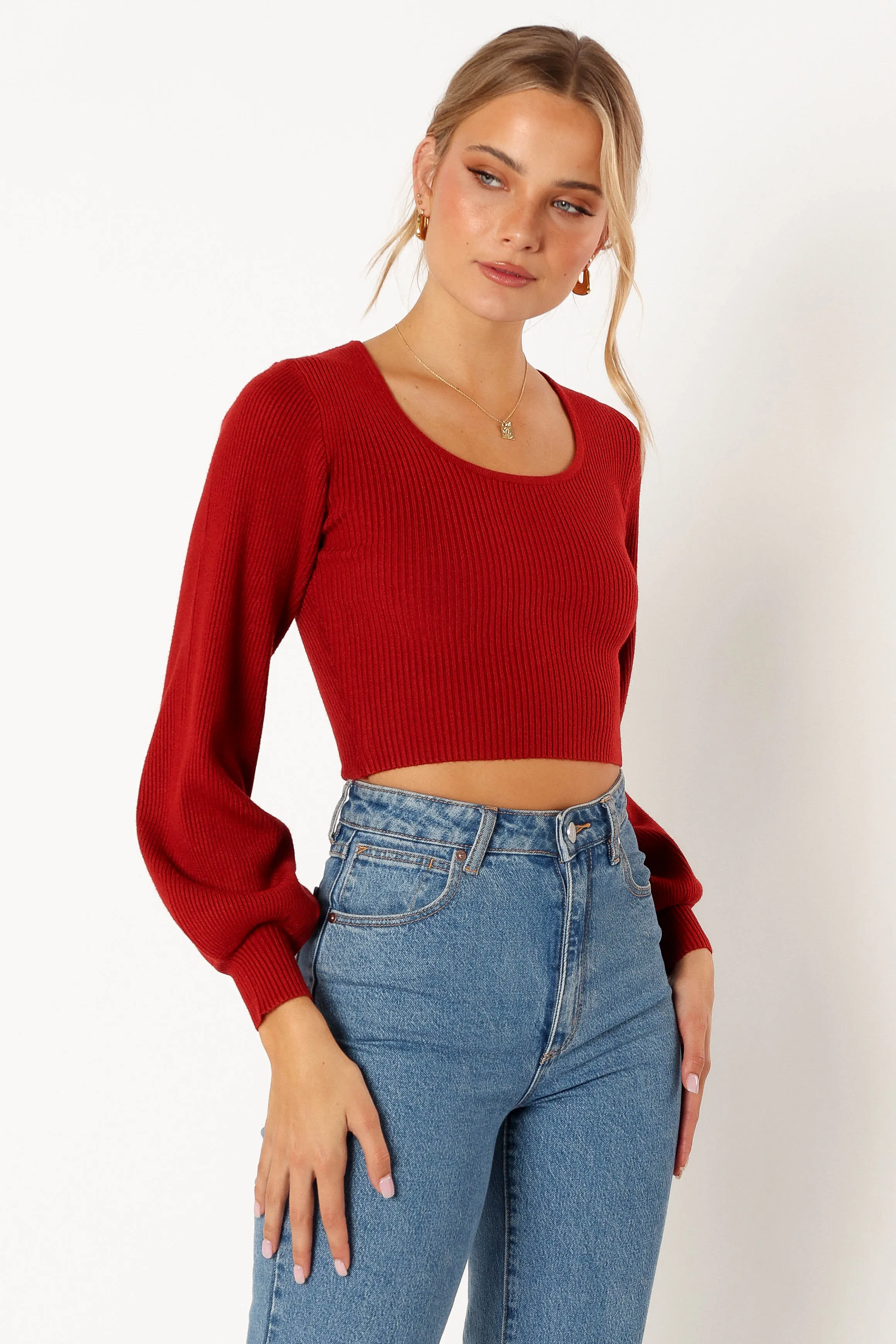 Daphne Crewneck Bubble Sleeve Knit Sweater - Burgundy sold by Petal & Pup product image thumbnail 5